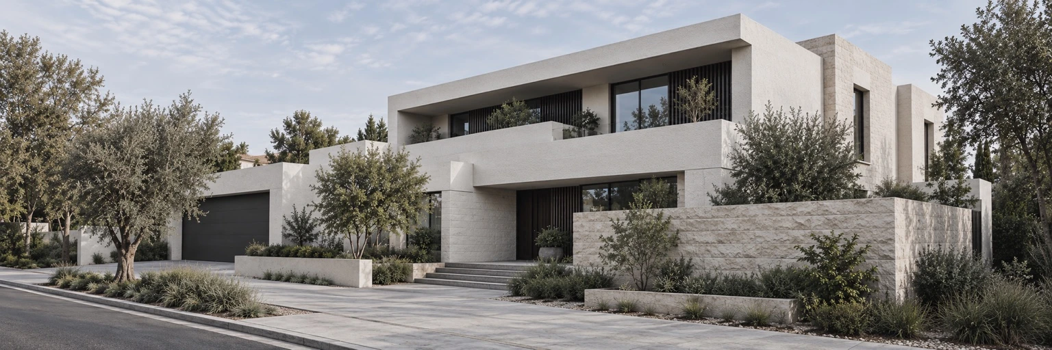 Modern stone villa with landscaped grounds