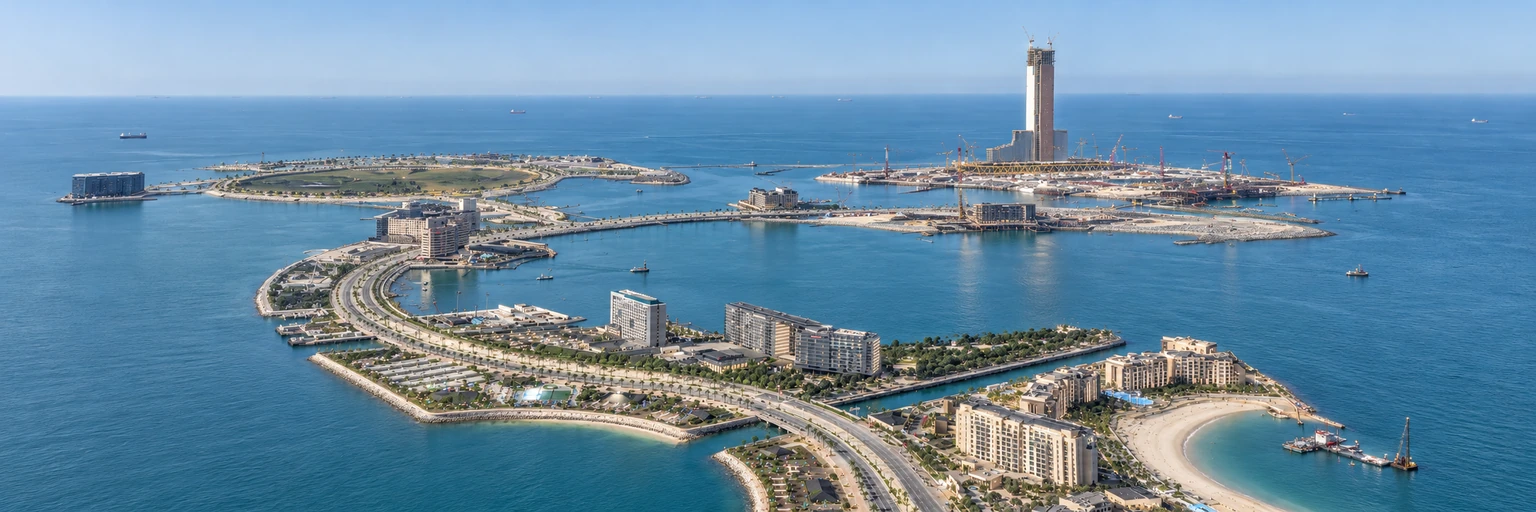 Aerial view of Al Marjan Island and its waterfront development