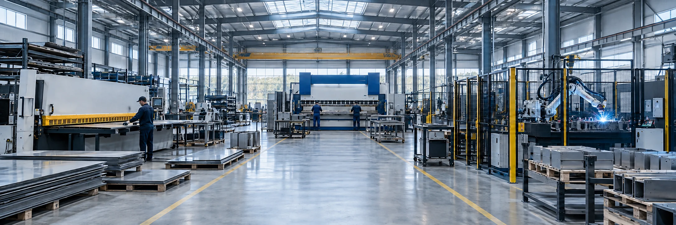 Production line with shearing, press brake and welding machinery
