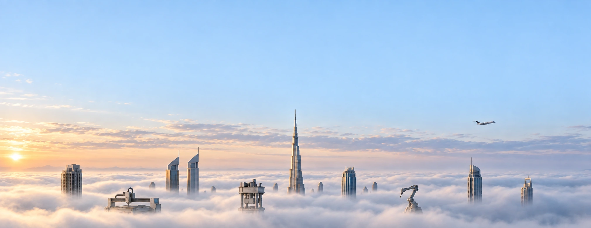 A city skyline and industrial machinery emerging above the clouds